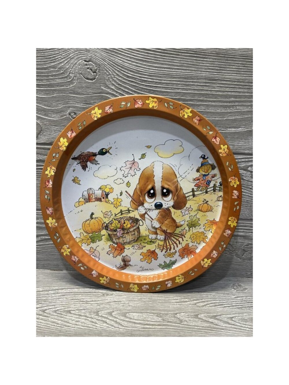 Vintage Fall Autumn Giordano Puppy Raking Leaves Halloween 1988 Metal Tray 13"